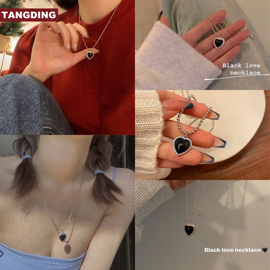 【COD Tangding】Kalung Rantai Liontin Hati Warna Hitam Gaya Retro Untuk Wanita