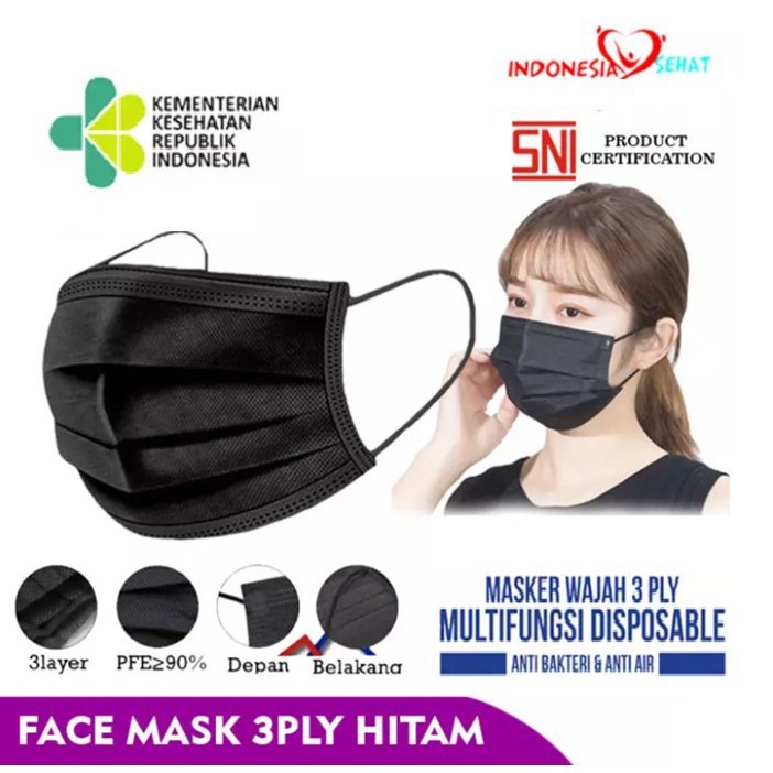 MASKER KESEHATAN 3 PLY IZIN BNPB EARLOOP FACE MASK BLACK HITAM 50 PCS DISPOSABLE ANTI BAKTERI