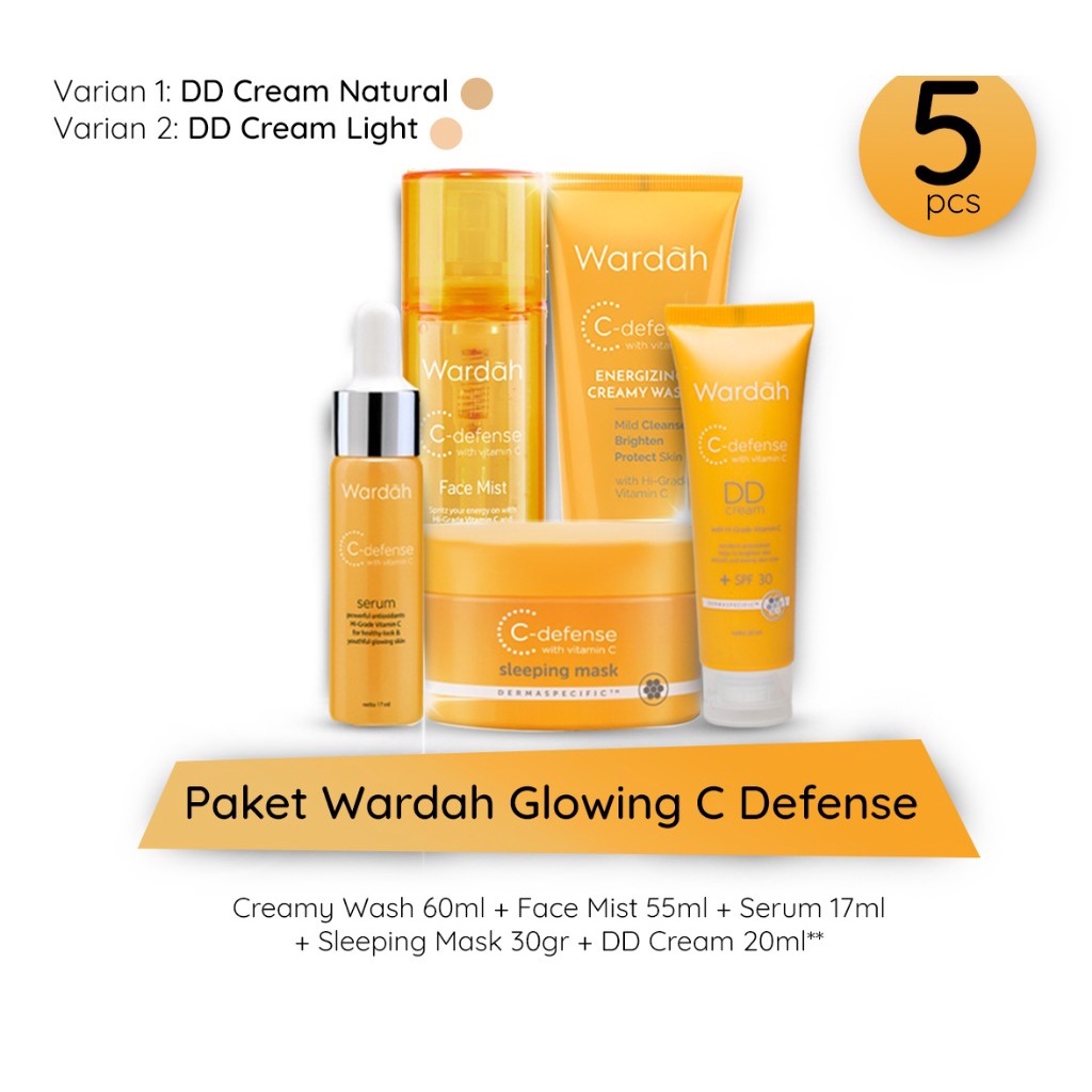 Paket Wardah C Defense Skincare Putih Glowing Cerah 5 pcs ( Creamy Wash 60ml + Face Mist 55ml + Seru