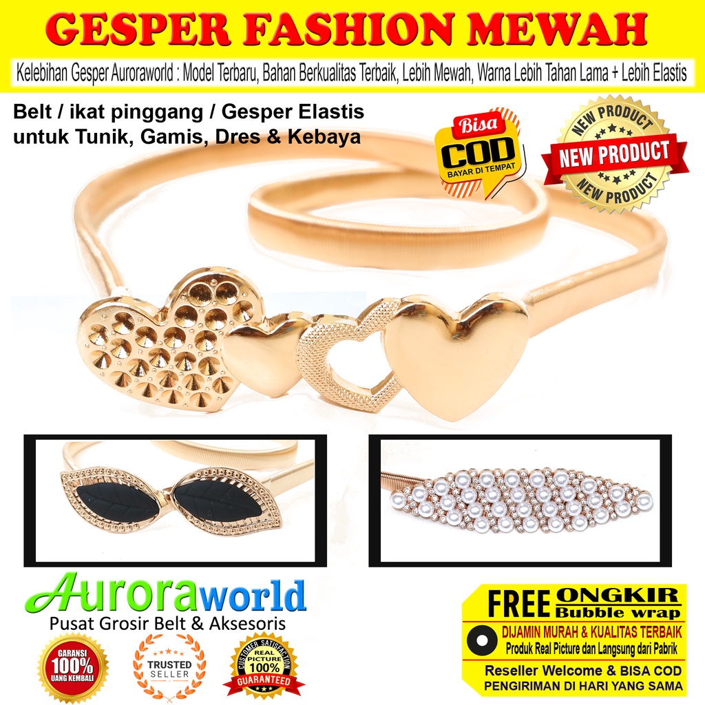 Auroraworld gesper wanita jumbo belt gamis elastis ikat pinggang cewek untuk dress tunik gamis belt elastis warna gold terbaru small size - big size bisa COD