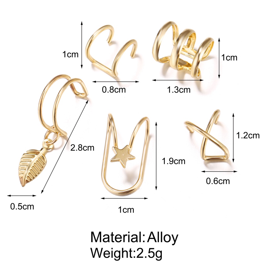 5pcs / Set Anting Klip Tanpa Tindik Desain Daun Warna Emas Untuk Wanita