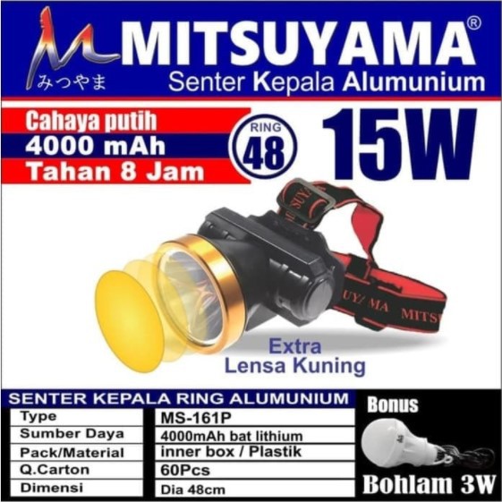 Senter Kepala Mitsuyama MS - 161P Putih LED 15 Watt Headlamp Bonus Reflektor Kabut