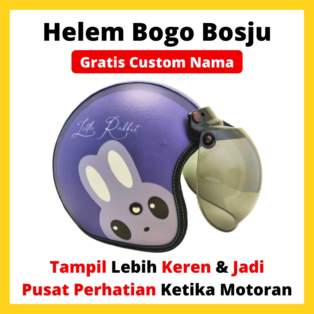 HELM BOGO RETRO KULIT WANITA DEWASA KACA DATAR MOTIF HEWAN KELINCI BIRU UNGU LUCU - HELEM BOGO BOSJU