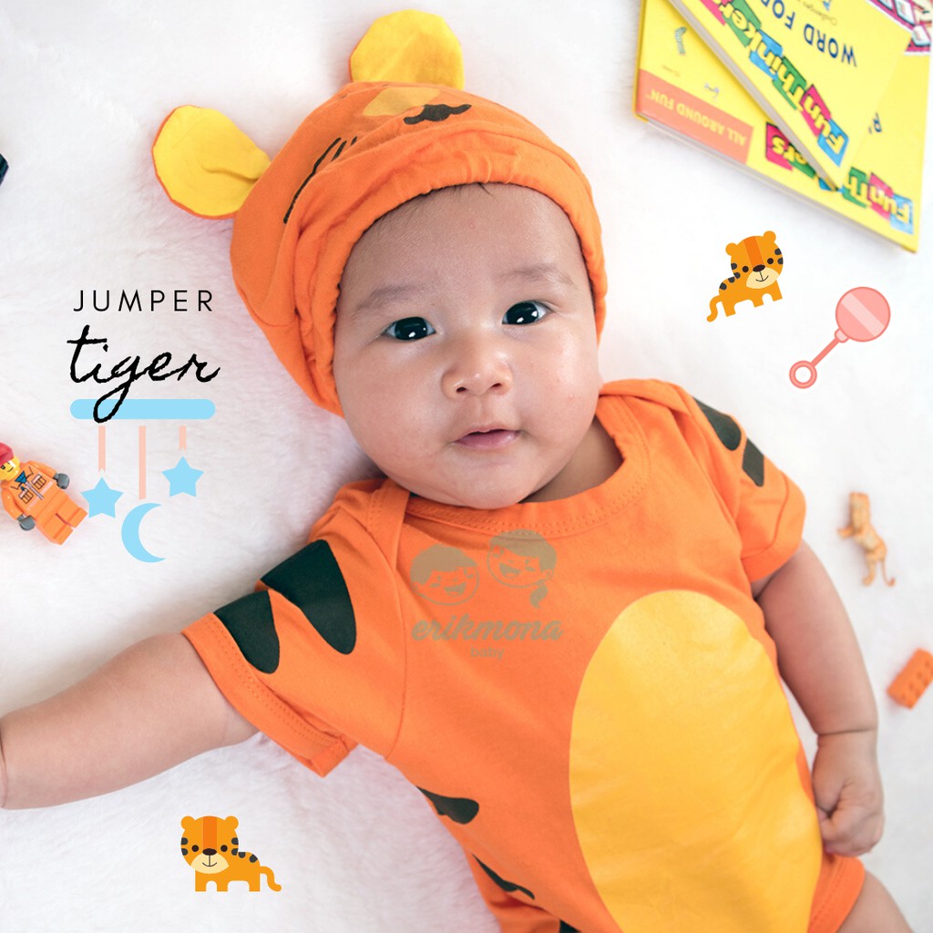 Ermon Baby - Baju Bayi Laki Laki Jumper Baby Cowok Lucu Karakter Macan Tiger + Topi usia 0 - 12 Bulan