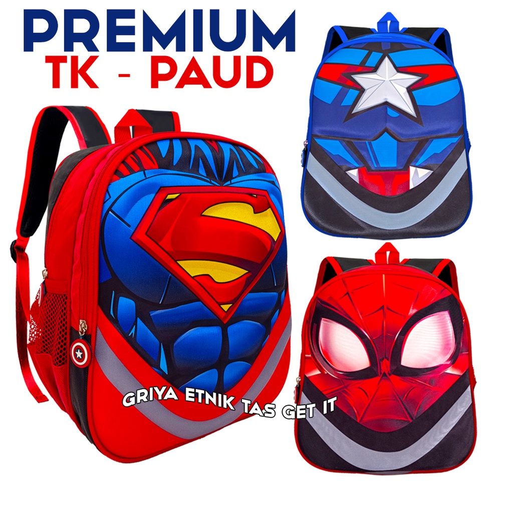 PREMIUM Tas Sekolah Anak Laki laki TK Paud Tas Ransel Anak Spiderman Tas Anak Karakter Ironman Cars