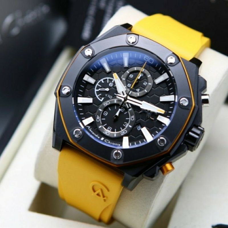 Alexandre Christie Original AC9601 Jam Tangan Pria Tali Karet kuning