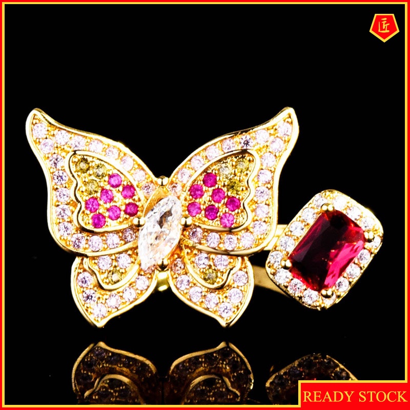 [Ready Stock]Natural Ruby Butterfly Ring 18K Gold Full Diamond