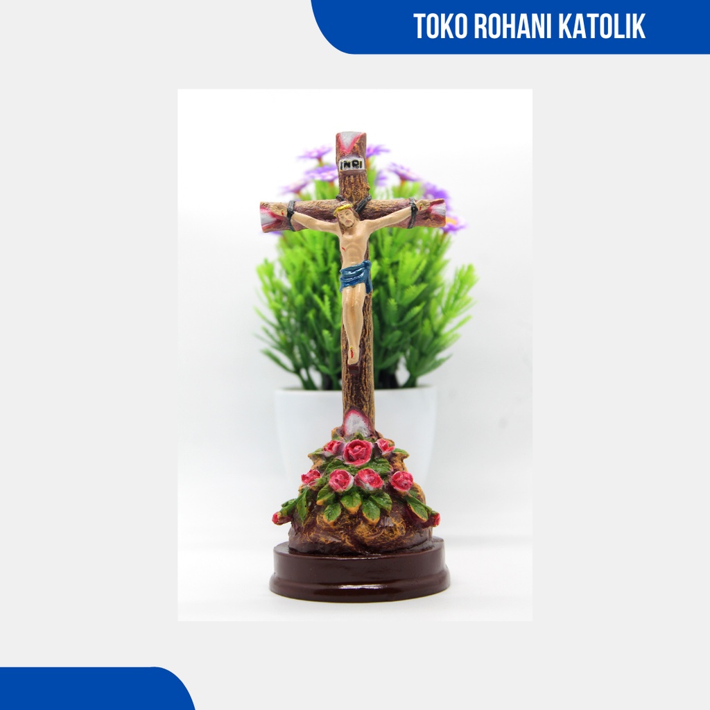 SALIB DUDUK MOTIF POHON DAN BUNGA MAWAR / SALIB MEJA MOTIF MAWAR / SALIB ALTAR / SALIB DUDUK KATOLIK