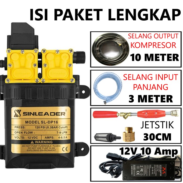 Paket Alat Cuci mobil bertekenan tinggi - Dualpump sinleader SL-DP 16 - KOMPRSOR 10M, 12v 10a - MURN