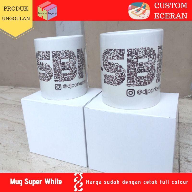 Mug putih coating cetak Custom logo nama TANPA PREORDER free dus FREE BUBBLE WRAP kado souvenir