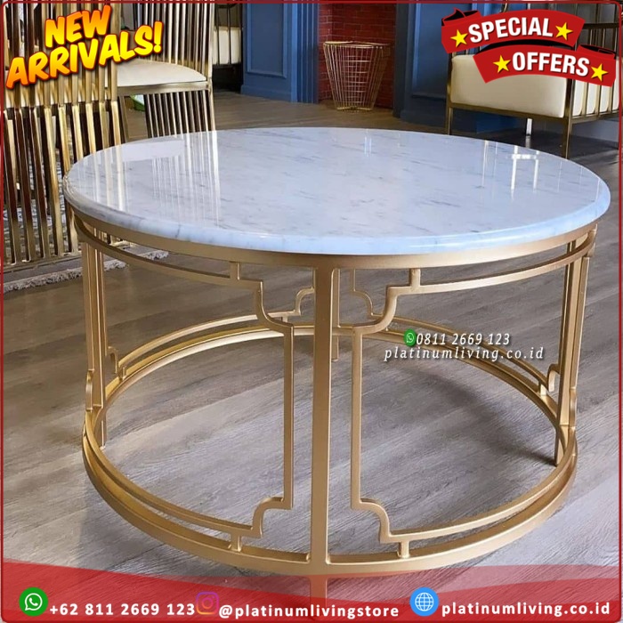 Meja Tamu Bundar Top Marmer Putih Rangka Besi Meja Tamu Mewah