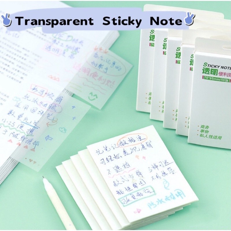 50 Lembar / Set Sticky Note Transparan Tahan Air Untuk Penanda Buku / Memo