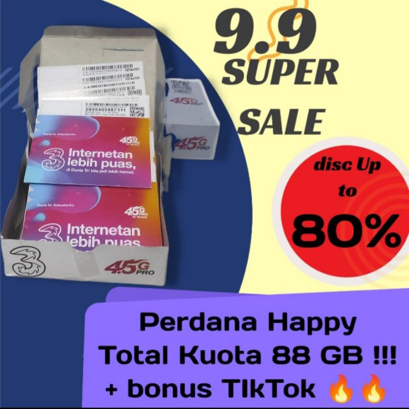 Kartu Tri Kuota total 88 GB (bonus kuota TikTok)