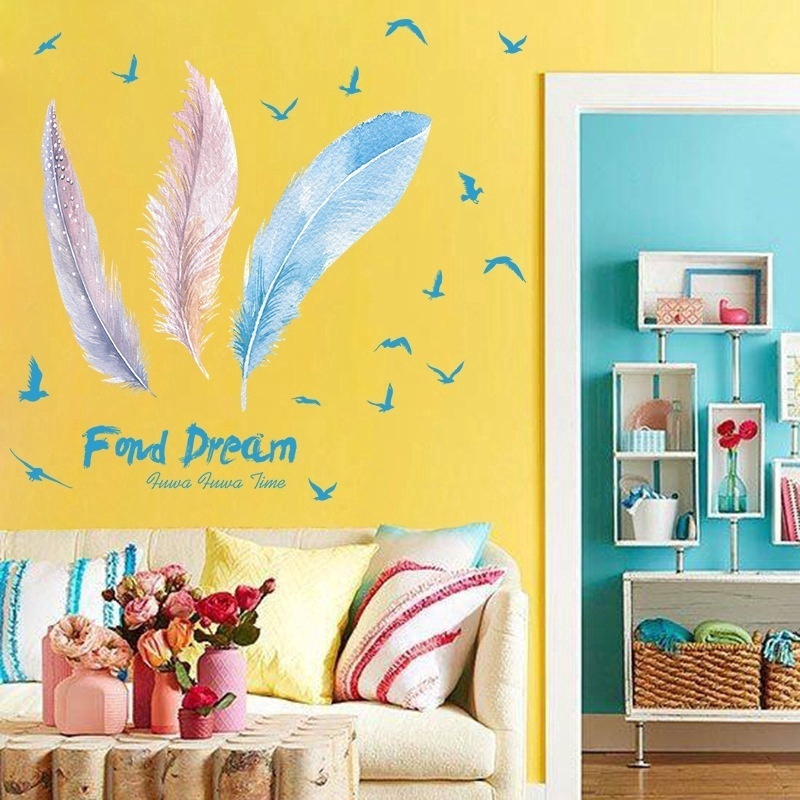 Romantic Colorful Feather Wall Stickers for Living Room Bedroom Decoration