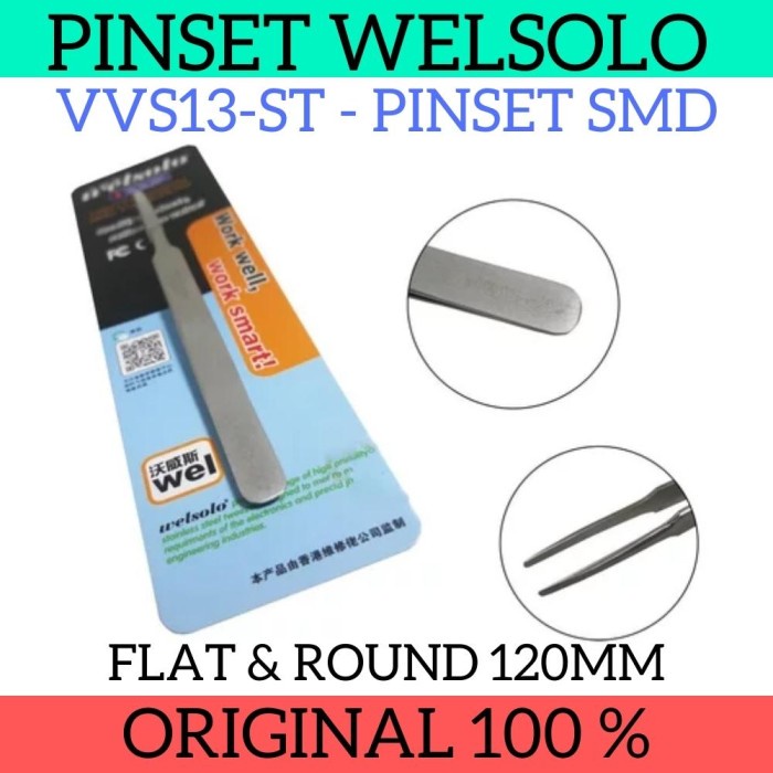 WELSOLO ST-13 Pinset SMD Presisi Tweezer Lurus Flat &amp; Round 120mm