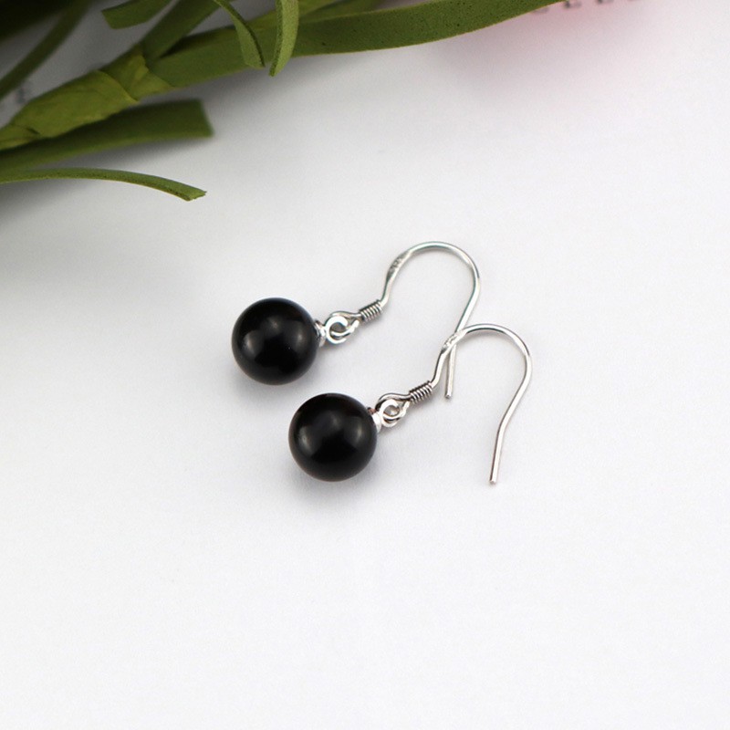 925 Anting Perak Murni untuk Wanita Obsidian Ear Hook Fashion Perhiasan