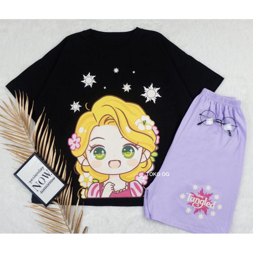 SETELAN SET BAJU SANTAI KAOS CELANA KATUN PRINCESS RAPUNZEL OVERSIZE TIDUR RUMAH