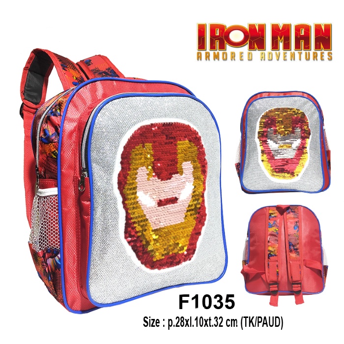 Tas Ransel Sekolah Anak Laki Laki Sequin karakter IRON-MAN Usap Paud / Tk