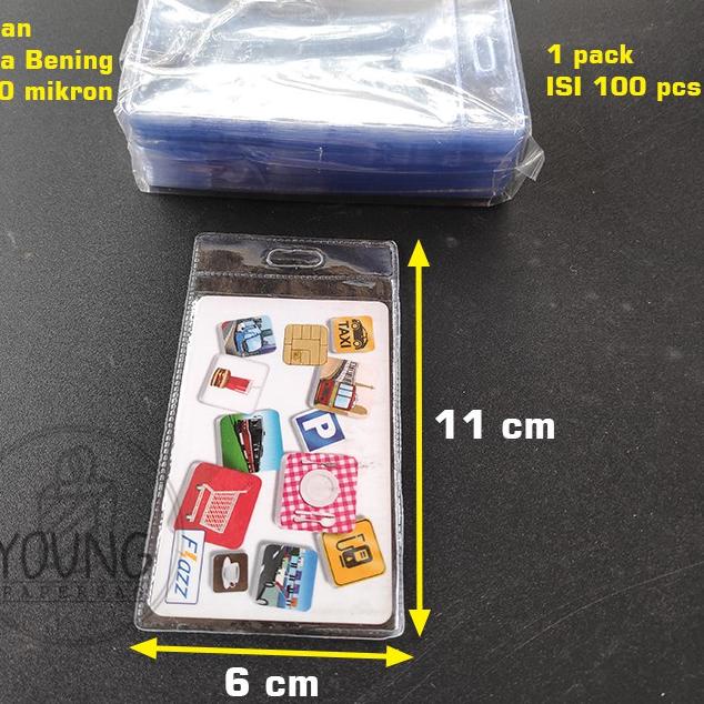 

<Q-EEI} <☼} Plastik eToll Mika / Cover Bening Kartu eToll / ATM / KTP / ID CARD 6x11 (1 PACK ISI 100) <terviral}