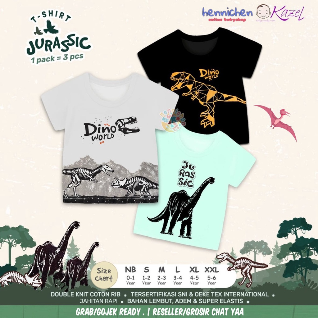 3pcs KAZEL JURASSIC TSHIRT ANAK ATASAN ANAK BAJU ANAK PAKAIAN ANAK 1-5 TH