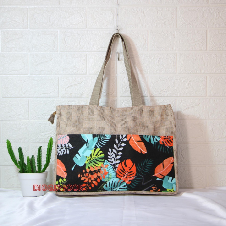 TAS GONI KOMBINASI KANVAS MOTIF MONFIS HITAM. TAS KANVAS. TAS JOGJA. SOUVENIR JOGJA. djogjabook