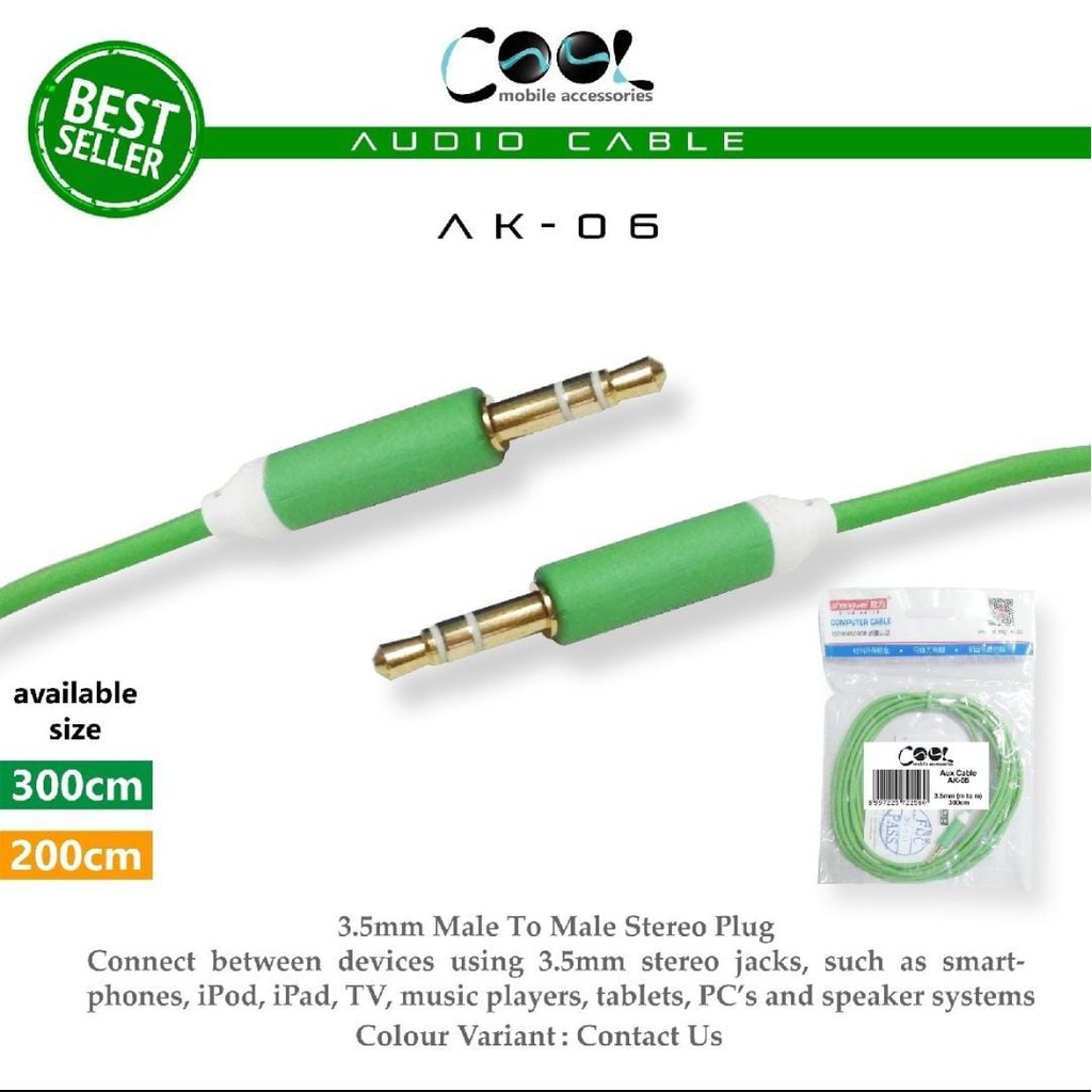 KABEL AUDIO 3.5mm 1x1 MALE TO MALE (jantan ke jantan) AK-06 ORIGINAL