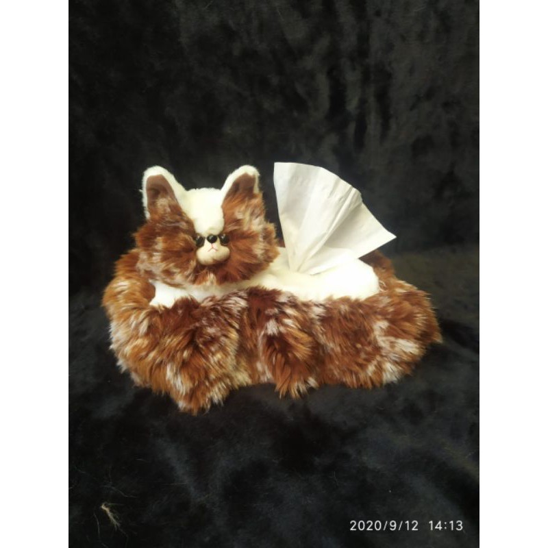tempat tisu boneka kucing coklat corak