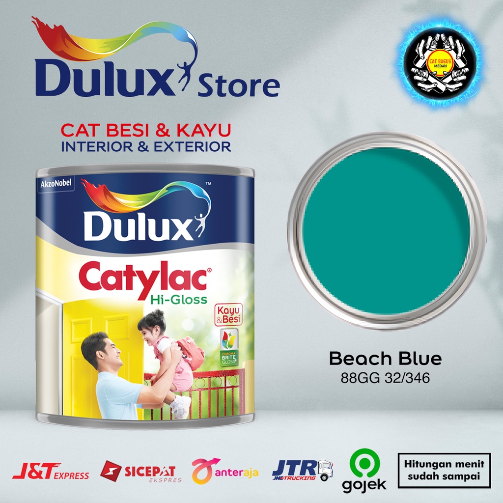 CAT MINYAK CAT KAYU DAN BESI DULUX CATYLAC HI-GLOSS 1 KG WARNA BEACH BLUE 88GG 32/346 HIJAU TOSCA BIRU TOSCA CYAN TEAL 1KG CAT KUSEN PINTU JENDELA ENAMEL ANTI KARAT ANTI RAYAP GOJEK HIGLOSS VGLOSS V-GLOSS AVIAN BEE BRAND 1000 JUNIOR EXTERIOR MEDAN BINJAI