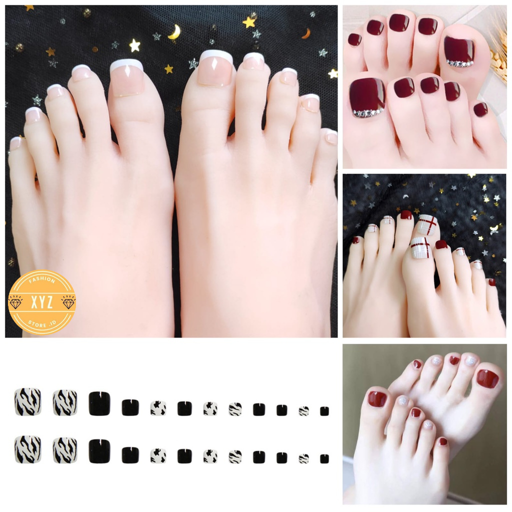 24pcs Kuku Palsu Jari Kaki + Lem Fake Nails Art 3d Tahan Air Kuku Palsu Kaki Free Lem Cair 2gr