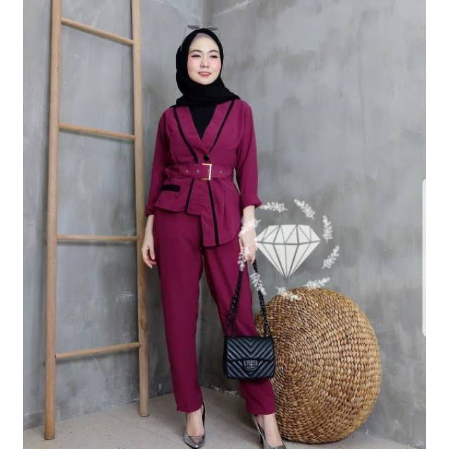 SET CELANA BLAZER OLIVER, MOSCREPE PREMIUM, GAMIS HIJAB MUSLIM SETELAN