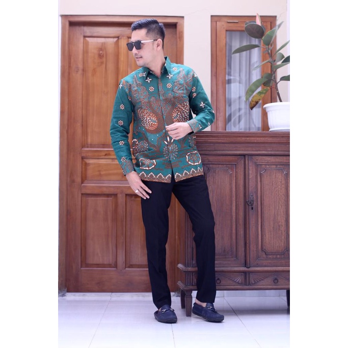 Batik pria lengan panjang HIJAU TOSCA modern ORIGINAL BAJU PREMIUM KEKINIAN SOLO MURAH TERBARU &quot;FLORIST&quot;