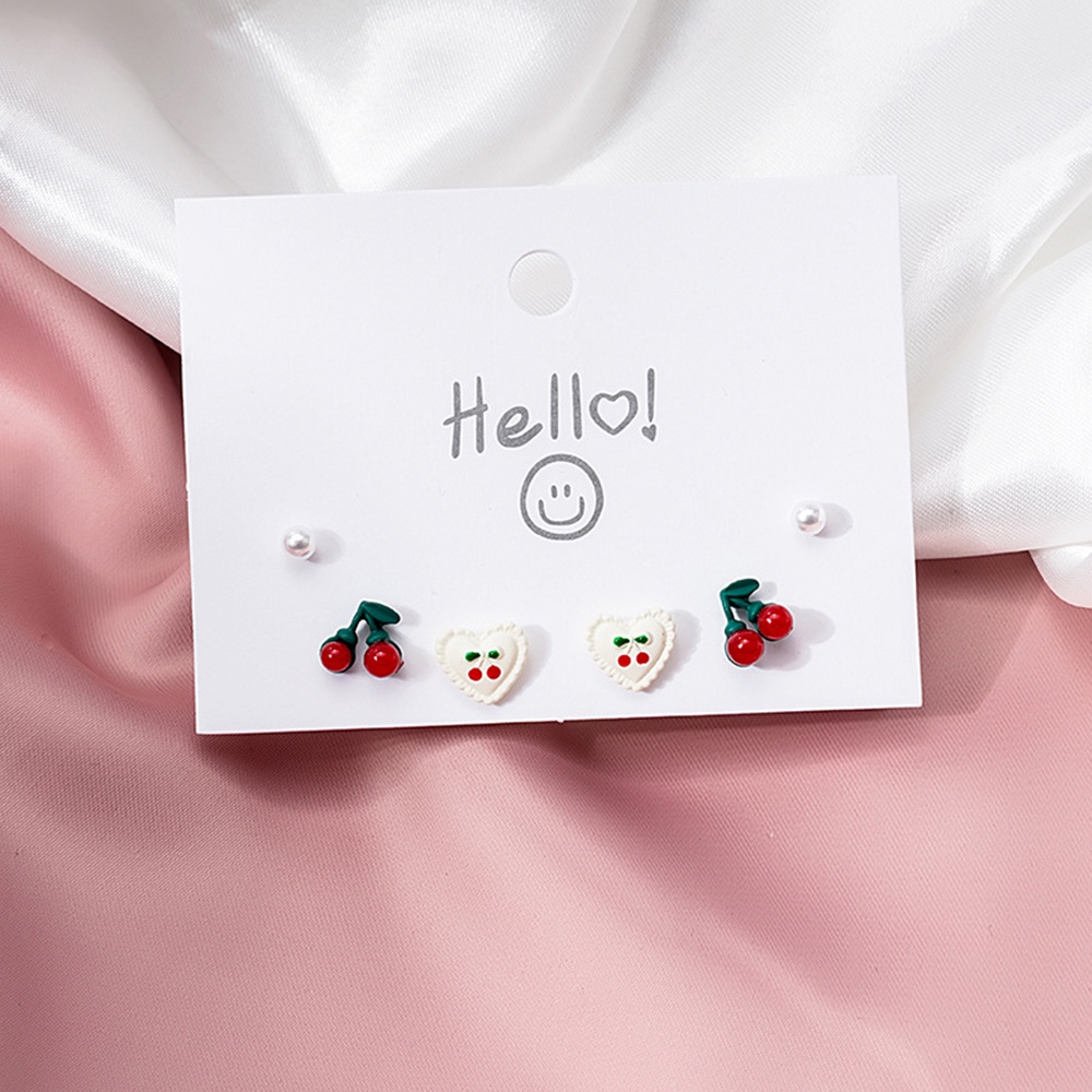 3 Pasang / Set Anting Stud S925 Silver Needle Bentuk Buah Cherry Aksen Mutiara Gaya Korea Untuk Wanita