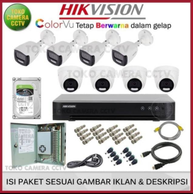 PAKET KAMERA CCTV HIKVISION COLORVU FULL HD 2MP 8 CHANNEL HDD 2TB