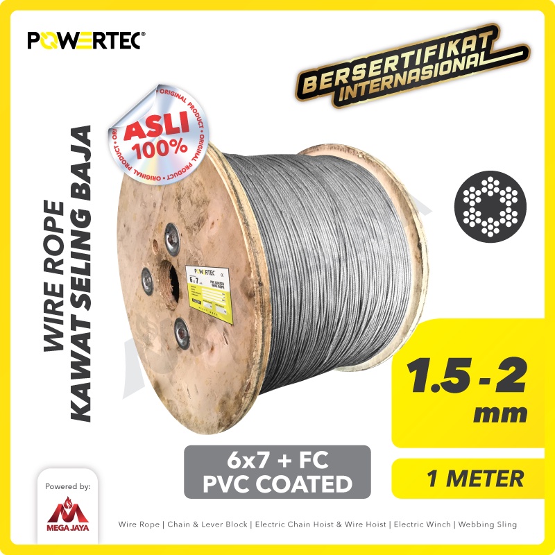 POWERTEC Wire Rope / Kawat Seling Baja 6x7 FC PVC 1.5mm - 2mm - 1 Mtr