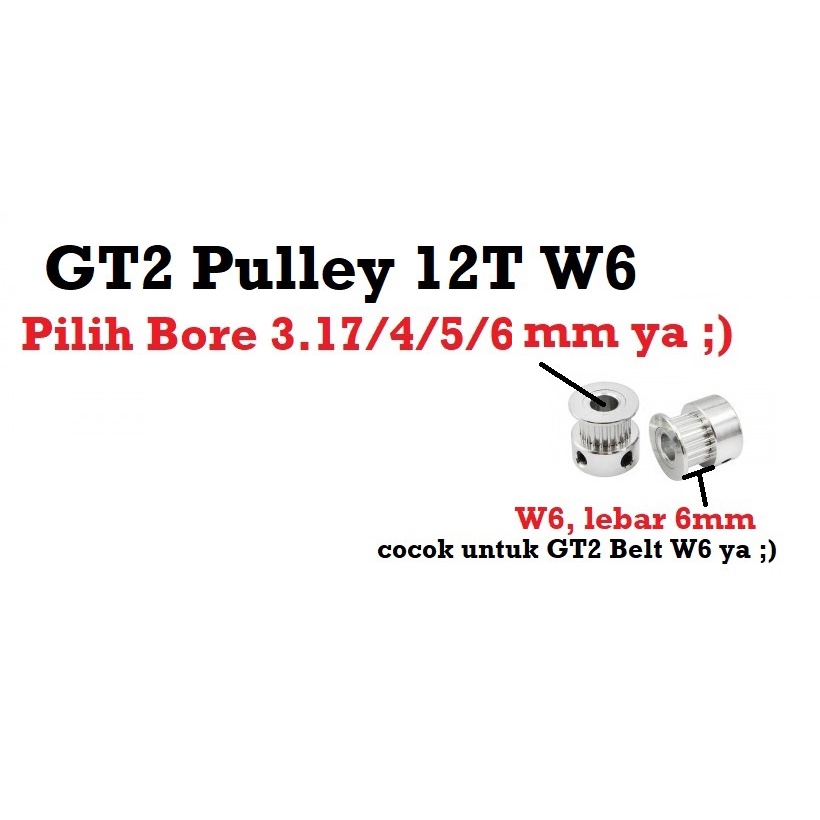 [HAEBOT] GT2 Pulley Timing 12T W6 Bore 3.17 4 5 6mm Puley CNC 3D Printer Aluminium Pitch 2mm Aktuator Slider Bergigi Gigi 12