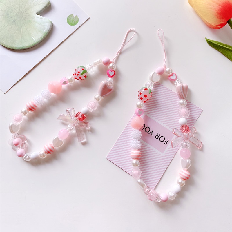 Ins Tali Rantai Gantung Handphone Portable Gaya Korea Motif Bunga / Hati / Mutiara / Manik-Manik