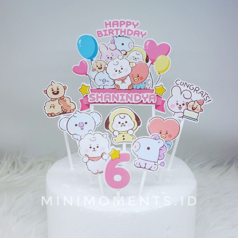 Cake Topper 3D Custom Nama Baby BT21 BTS BT 21 Dekorasi Kue Ulang Tahun