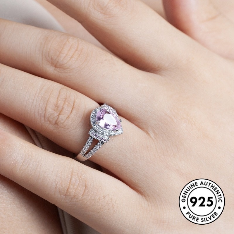 Cincin S925 Silver Bentuk Water Drop Aksen Berlian Warna Pink