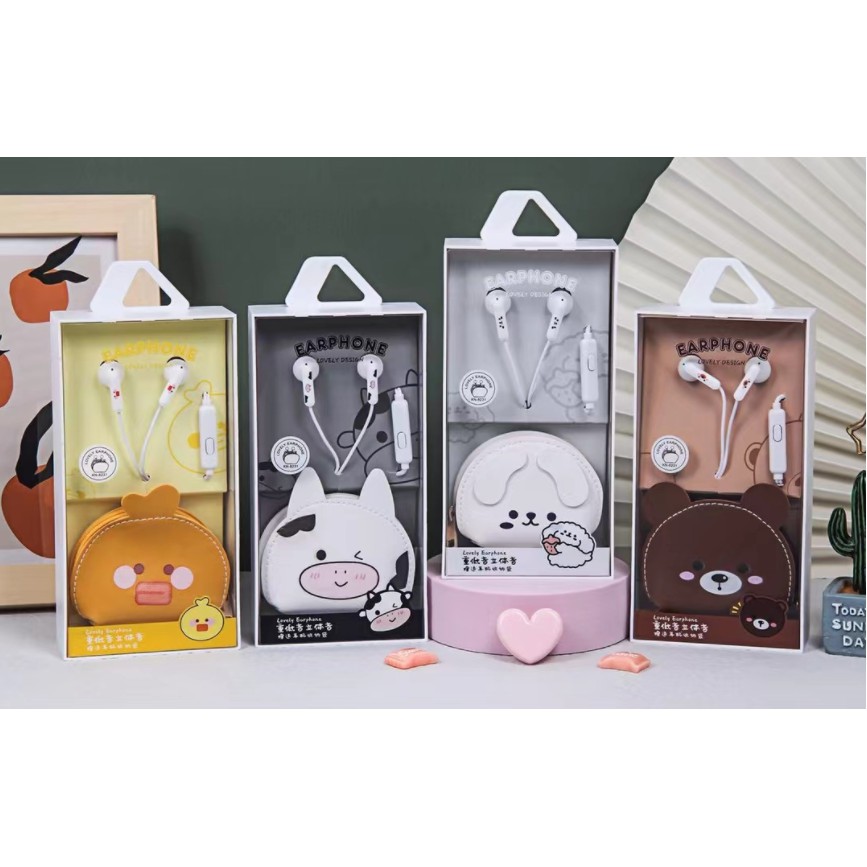 [KN-8227] / [KN-8231] Set Headset Earphone Motif Kepala HEWAN Bulat / Wadah Earphone Kartun Animal Head Lucu Bahan Kulit / Dompet Earphone Kulit Lucu