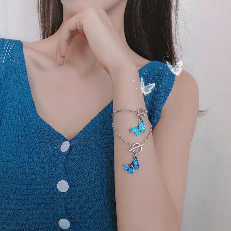 Gelang Korean Liontin Kupu-Kupu Fashion Wanita Model Korea Warna Biru