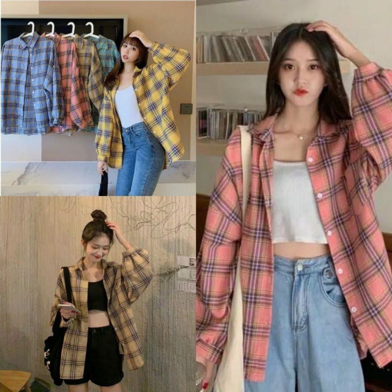 JVIN COLLECTION - KEMEJA OSLIN OVERSIZE KEMEJA KOREA JUMBO WANITA BAHAN KATUN POLY KEMEJA KOTAK KOTA