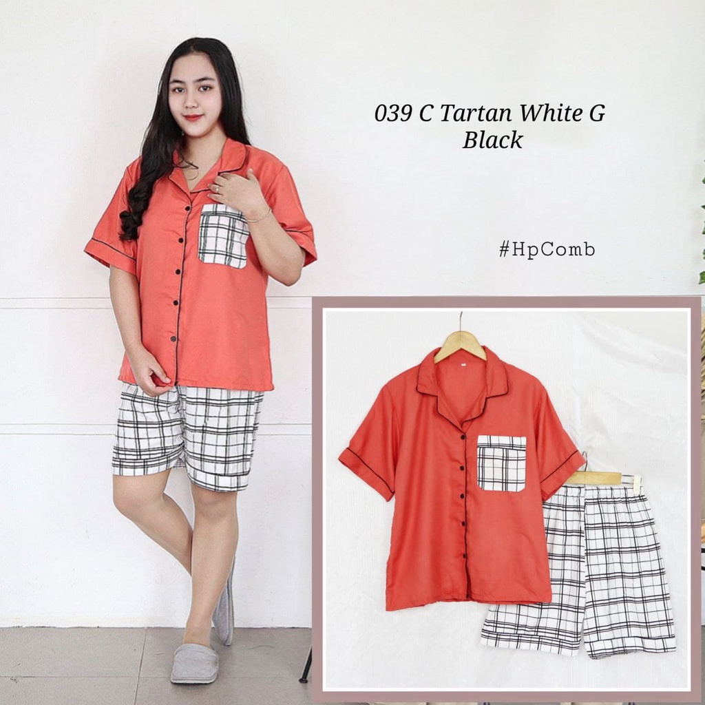 IZANY Piyama Dewasa Hotpant Combina Allsize / HP  Combina Saten Apple LD 100-039 TARTAN WHITE G B