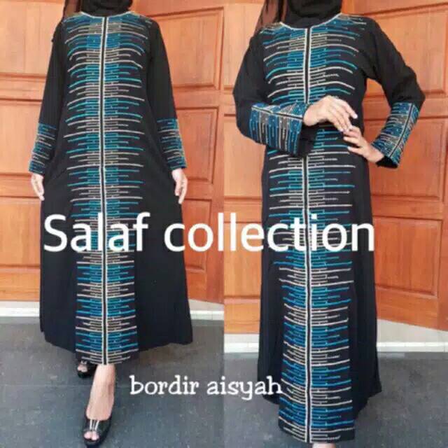 ABAYA GAMIS MOTIF AISYAH Bahan Jet Black Free Pasmina