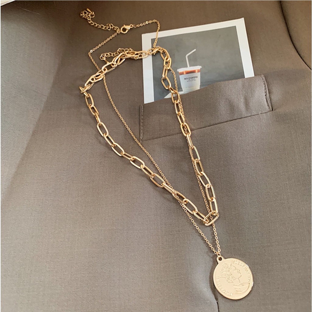 Kalung Rantai CHOKER KOIN II Korea Fashion Gaya Punk Hip Hop Coin Women Necklace Wanita Pria Retro 2 Layers Layer