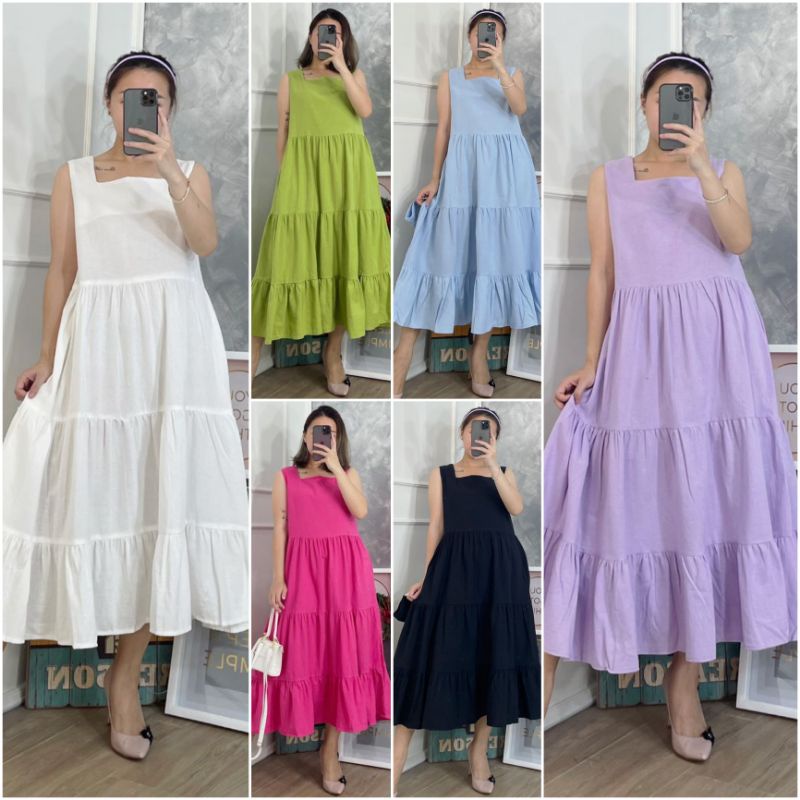 ⚡️ SALE ⚡️ PREMIUM ♡ ORIGINAL ! LIVIANNE VINTAGE LESS SLEEVE TRAP LAYER FLARE MIDI DRESS OVERALL OUTER ( BUMIL &amp; HIJAB FRIENDLY )