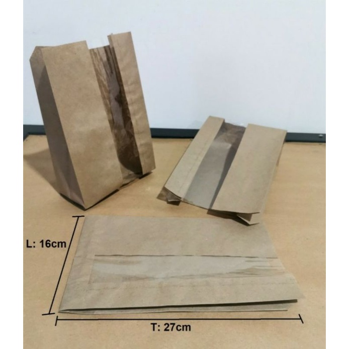 

Paperbag kantong kertas coklat 16 x 7 x 27 (L) + jendela coklat Uk. L