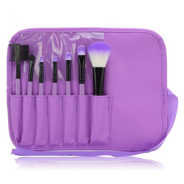 Kuas Make Up 7 Set dengan Case Kulit - Purple