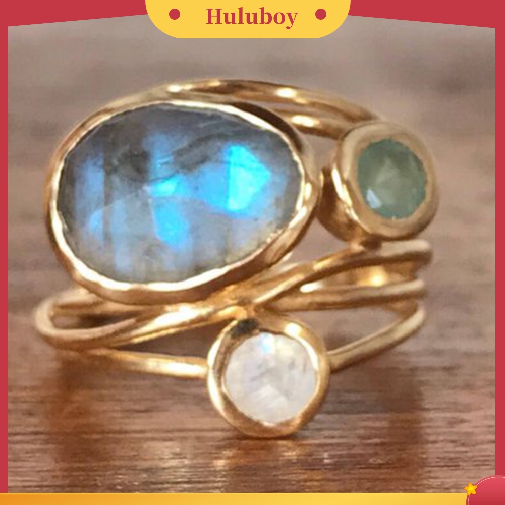 Hu Hu Hu Hu Hu Alat Bantu Pasang Kacamata♡ Cincin Multilayer Aksen Batu Moonstone Imitasi Gaya Vintage Untuk Wanita