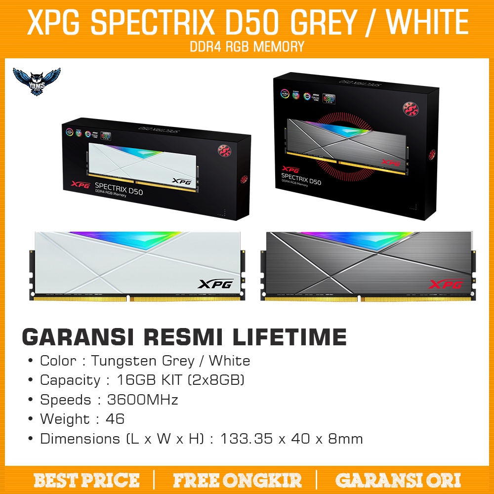 XPG SPECTRIX D50 RGB 16GB (2x8GB) DDR4 3600MHz (GREY / WHITE) RESMI 3600