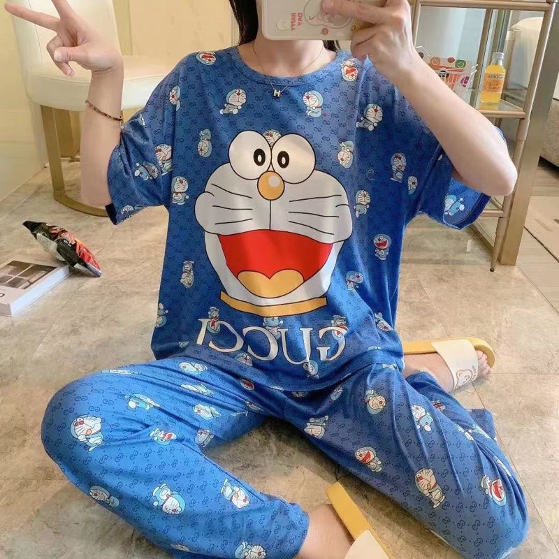 Setelan Lengan Panjang Piyama Baju Tidur Wanita Kartun Karakter Pajamas Dewasa-Set dora emon